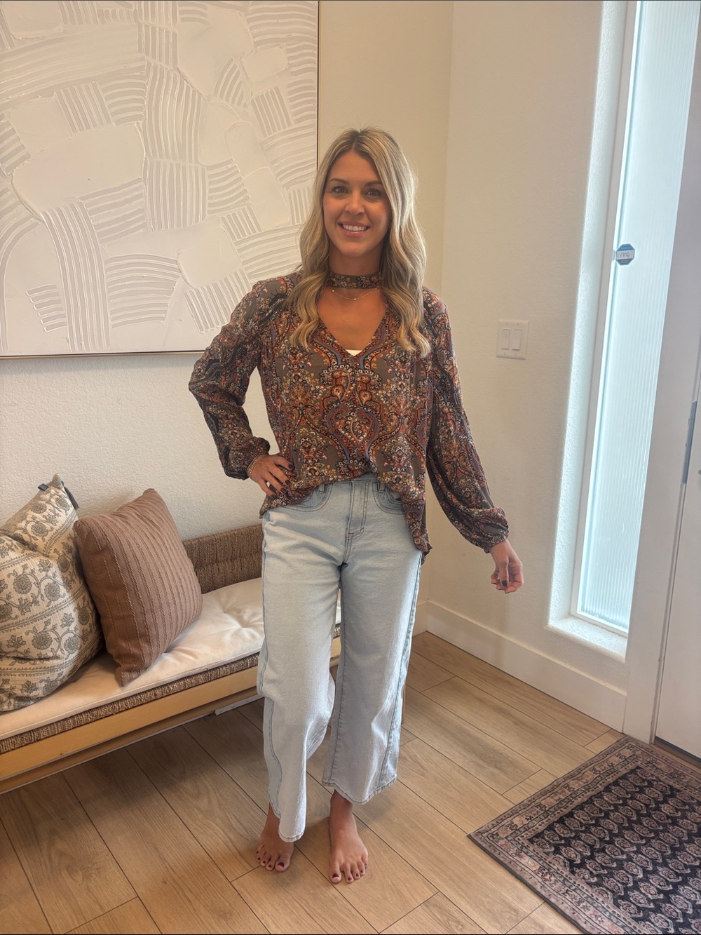 Gimmicks by BKE Paisley Long-Sleeve Top in Gray and Brown